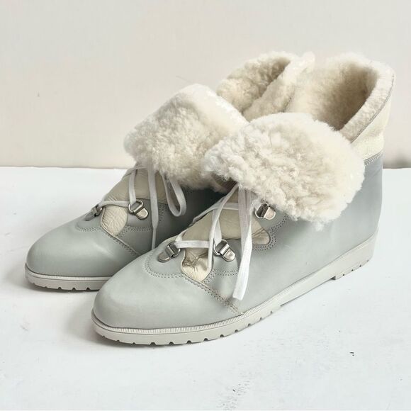 La Canadienne Wedge Heel Boots Pale Dove Gray White Leather Shearling Size 7 - Picture 10 of 13